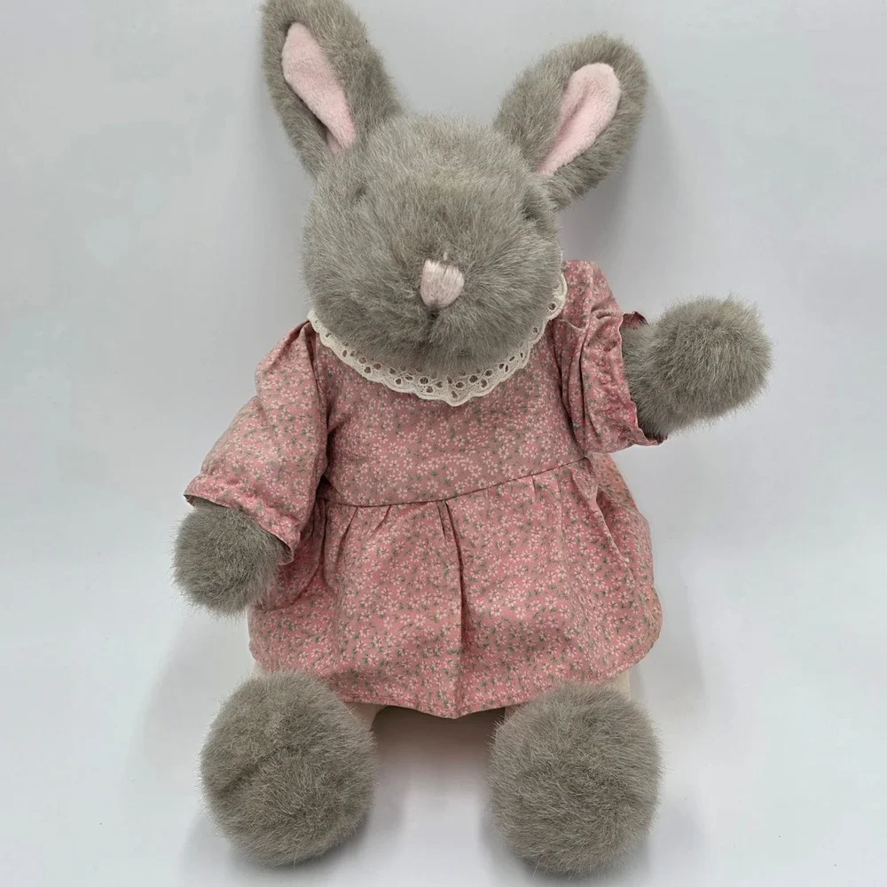 Vintage 1980s Applause Gray Bunny Rabbit Plush in Pink Dress 22